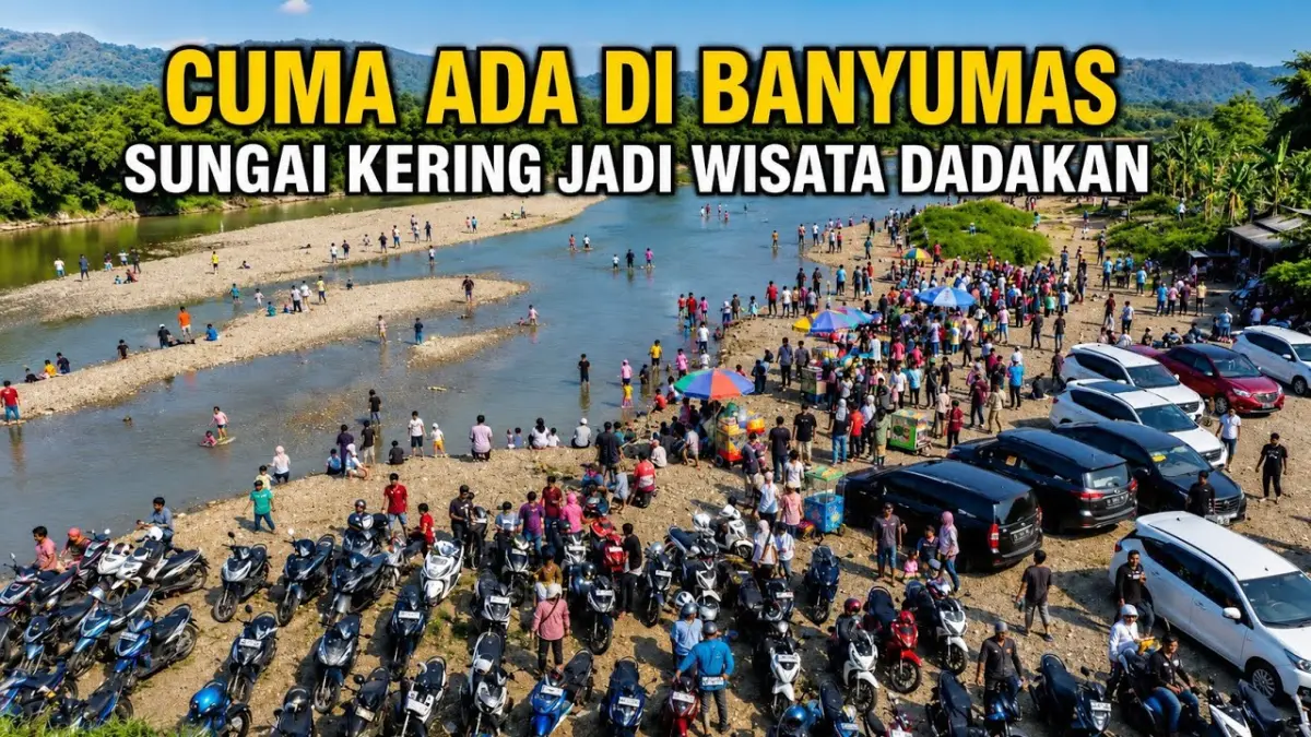 Sungai Serayu kering saat kemarau berubah menjadi wisata dadakan di Banyumas. Ada ciblonan, perahu Rp5.000, kuda Rp15.000, hingga kuliner warga. (Youtube. com)