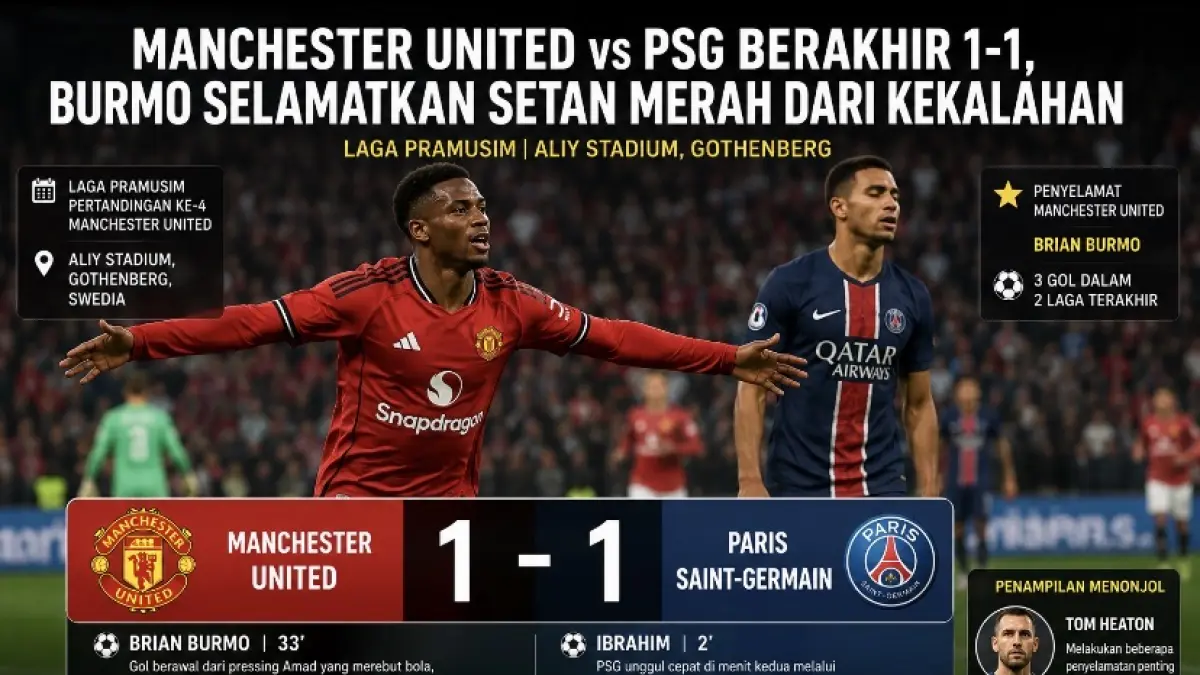 Manchester United vs PSG berakhir 1-1. Ibrahim membawa PSG unggul, tetapi Brian Burmo menyelamatkan Setan Merah lewat gol penyeimbang.