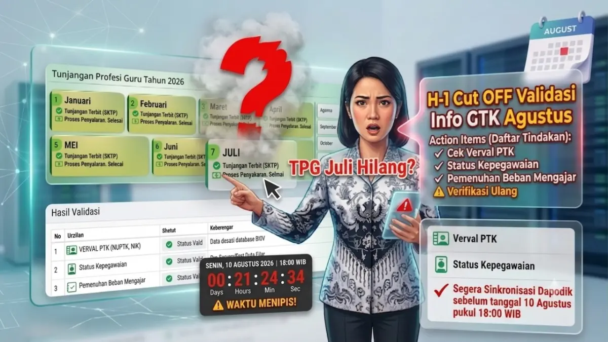 TPG Juli Agustus 2026 berpeluang dirapel bagi guru yang SKTP Juli belum terbit. Cek Dapodik, JJM, rombel dan tugas tambahan sebelum proses validasi. (Youtube. com)