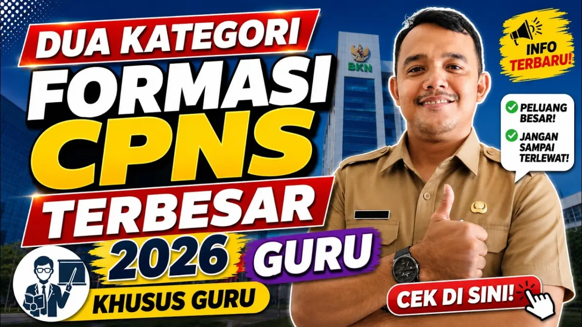 CPNS Guru 2026 disebut membuka 400 ribu formasi. Simak dua kategori instansi, syarat S1, sertifikat pendidik, Dapodik, dan persiapan tes yang wajib diketahui. (Youtube. com)