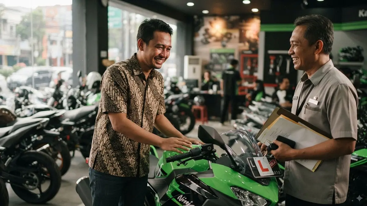Empat tahun menunggu, Rohim, arek Surabaya dan Bonek Mania, akhirnya membeli Kawasaki Ninja 250 impiannya secara cash setelah menemukannya lewat TikTok.(Ilustrasi AI)
