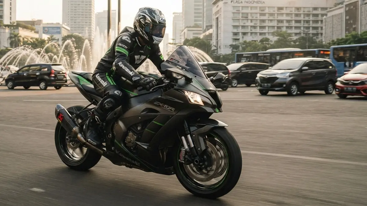 Kawasaki ZX-10R full modifikasi diuji keliling Jakarta. Dibekali Brembo, Arrow, quick shifter dan Power Commander, tarikannya bikin reviewer kaget.(Ilustrasi AI)