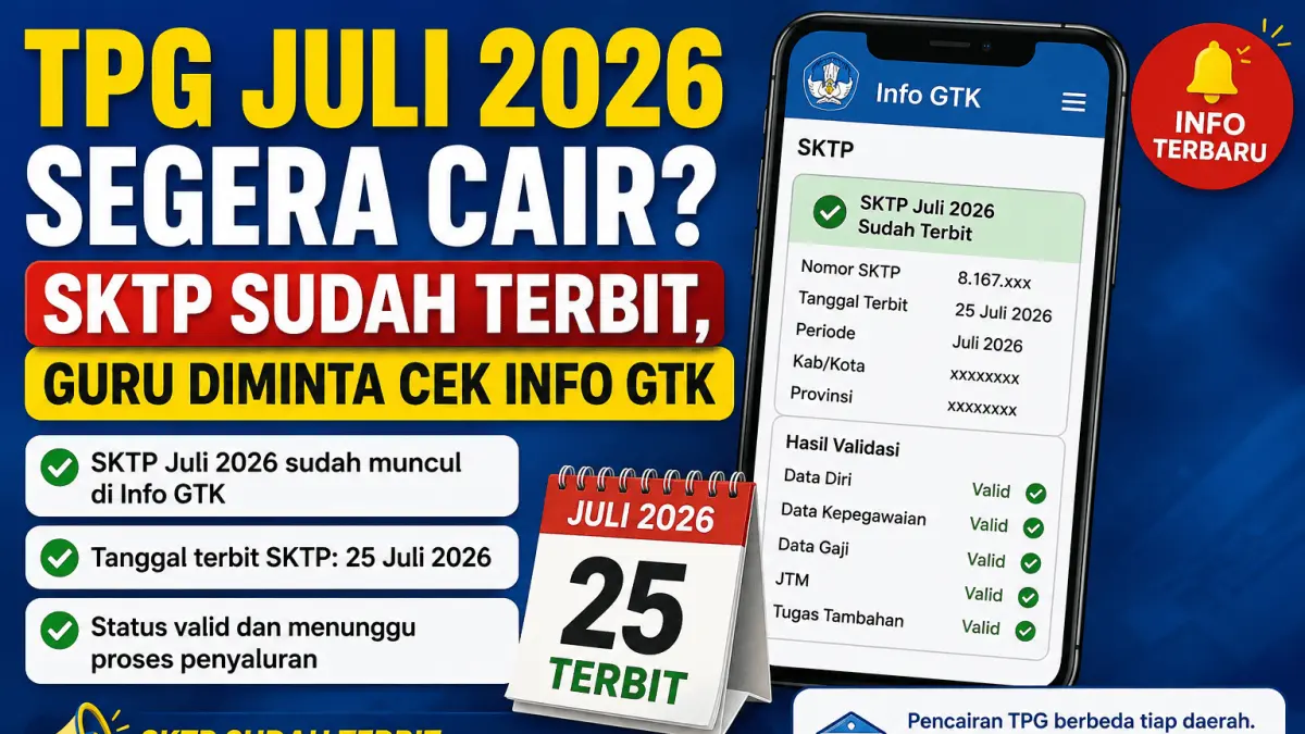 TPG Juli 2026 mulai memasuki tahap penyaluran setelah SKTP terbit. Cek Info GTK, validasi data, gaji, dan jam mengajar.