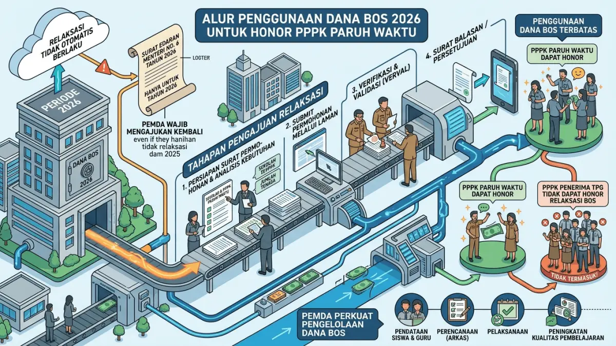 Dana BOS 2026 bisa digunakan untuk honor PPPK paruh waktu, tetapi wajib relaksasi. Simak syarat, tahapan pengajuan, dan aturan bagi penerima TPG. (Youtube. com)