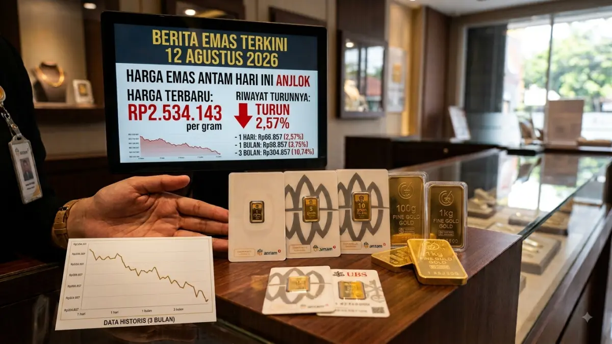Harga emas Antam hari ini 12 Agustus 2026 turun 2,57 persen. Simak harga terbaru dan riwayat penurunannya sebelum memutuskan investasi emas. (Youtube. com)