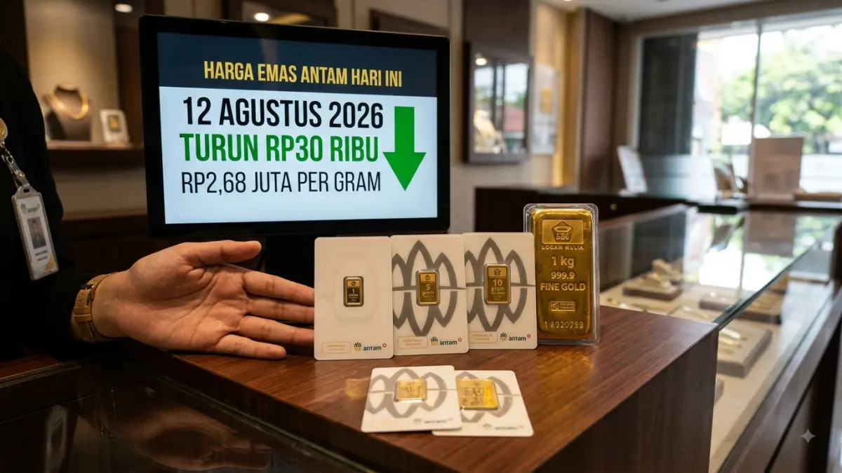 Harga emas Antam hari ini, 12 Agustus 2026 turun Rp30 ribu menjadi Rp2,68 juta per gram. Simak pecahan dan informasi harga terbarunya. (Youtube. com)