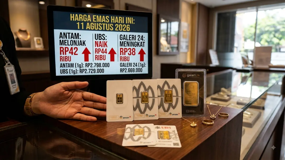 Harga emas hari ini 11 Agustus 2026 kompak naik. Antam melonjak Rp42 ribu, UBS Rp44 ribu, dan Galeri 24 Rp38 ribu per gram. (Youtube. com)