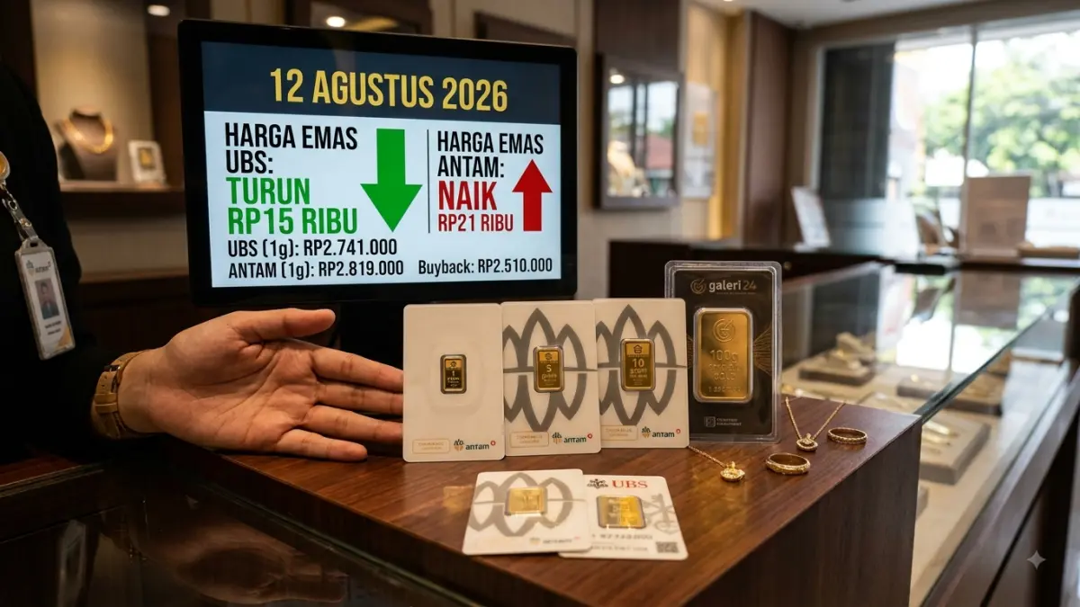 Harga emas hari ini 12 Agustus 2026 bergerak beragam. UBS turun, Antam naik Rp21 ribu, sementara harga emas perhiasan ikut diperbarui. (Youtube. com)
