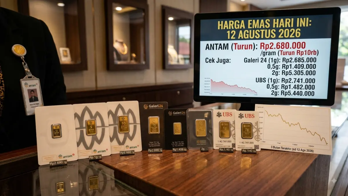 Harga emas hari ini 12 Agustus 2026 turun. Antam menjadi Rp2,68 juta per gram. Simak harga Galeri 24 dan UBS sebelum membeli emas. (Youtube. com)