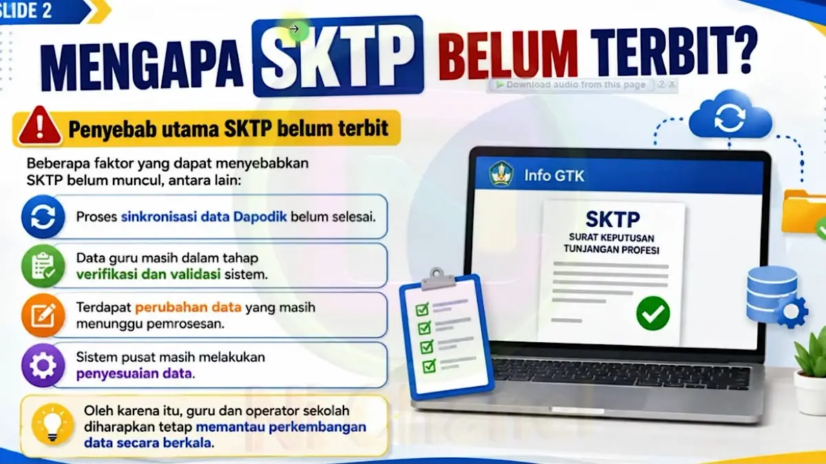 Info GTK Agustus 2026 masih memproses validasi susulan Juli. Guru yang SKTP belum terbit perlu mengecek JJM, tugas tambahan, gaji, dan data PTK Data Dik.(SC Youtube)