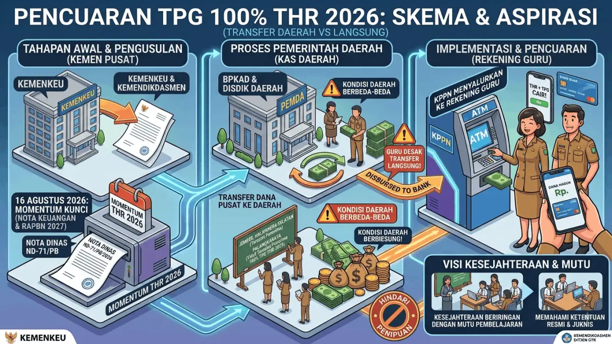 TPG 100% THR 2026 masih disalurkan lewat daerah. Guru mendesak transfer langsung ke rekening agar pencairan lebih cepat dan tepat waktu. (Youtube. com)