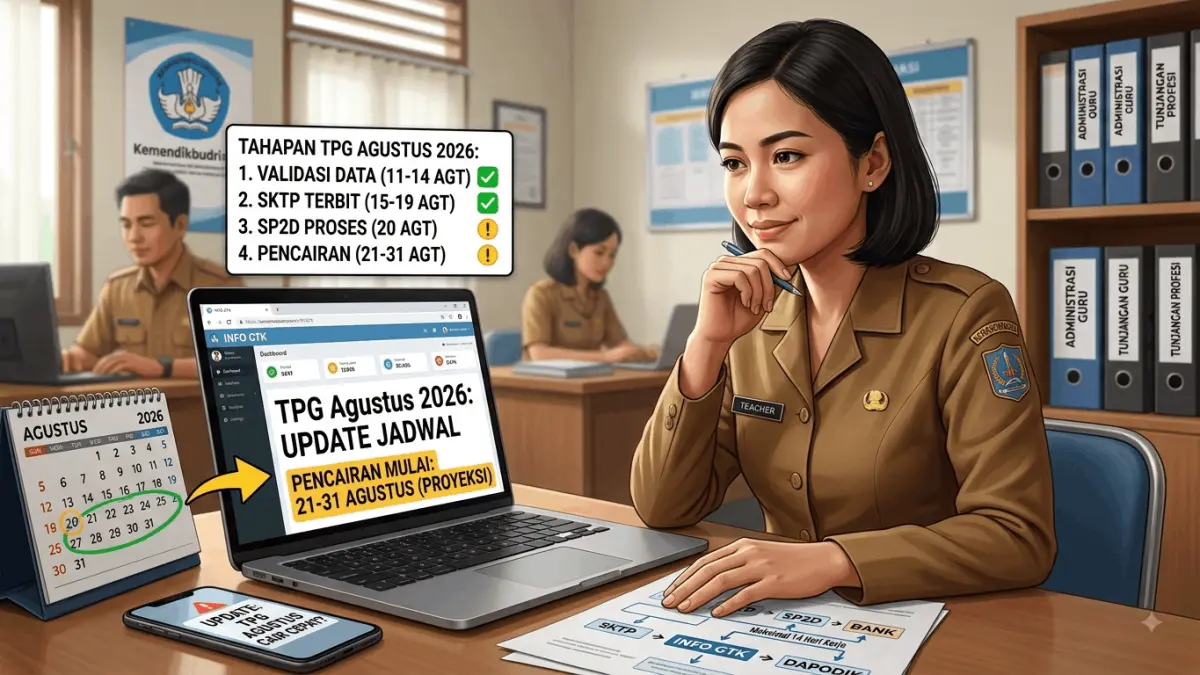 TPG Agustus 2026 dijadwalkan cair 21-31 Agustus. Simak jadwal validasi data, SKTP, SP2D, hingga pencairan TPG guru. (Youtube. com)