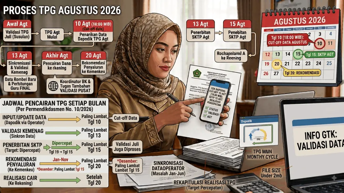 TPG Agustus 2026 memasuki tahap validasi. Simak batas cut off Dapodik, jadwal SKTP, rekomendasi penyaluran, dan perkiraan waktu pencairannya. (Youtube. com)