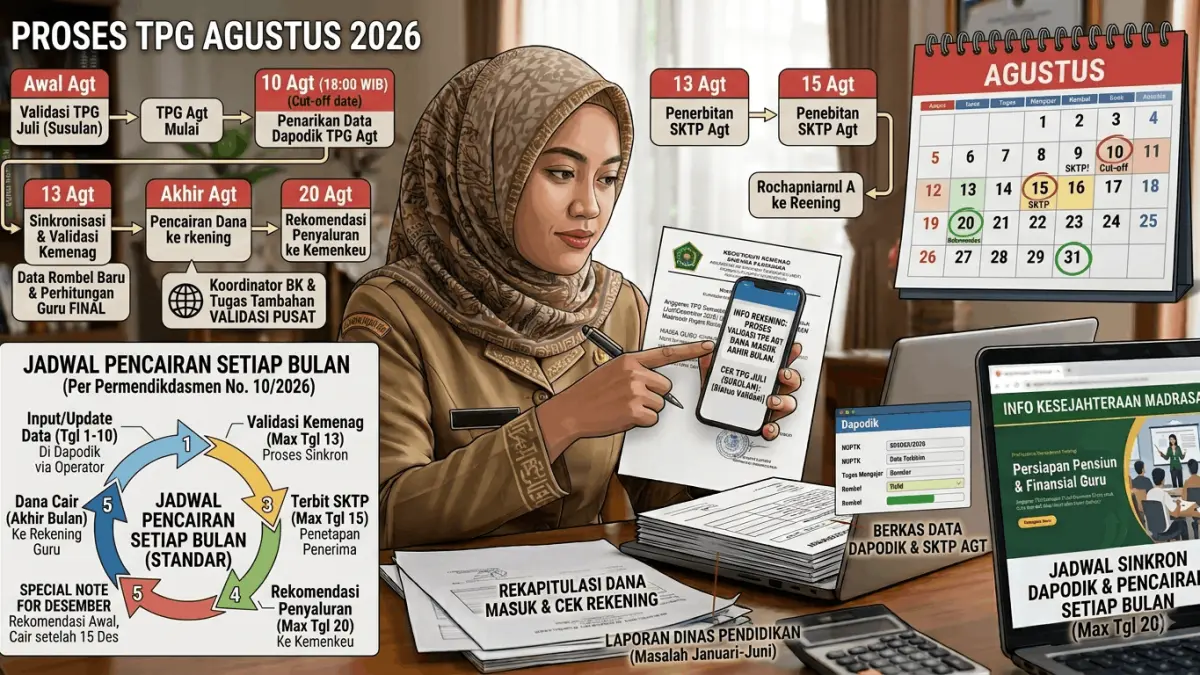 TPG Agustus 2026 mulai diproses. Simak jadwal validasi SKTP, penarikan data Dapodik, hingga estimasi pencairan tunjangan guru. (Youtube. com)