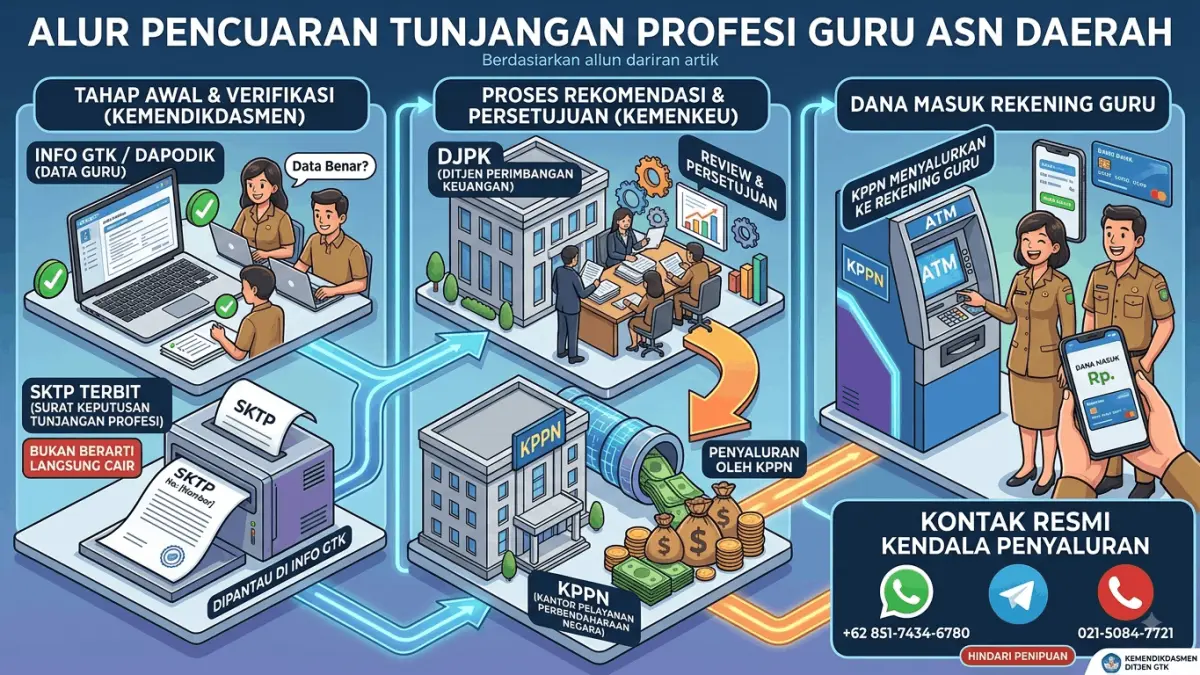 Tunjangan profesi guru ASN daerah punya alur pencairan khusus. Simak tahapan penyaluran dan kontak resmi Kemendikdasmen untuk kendala tunjangan. (Youtube. com)