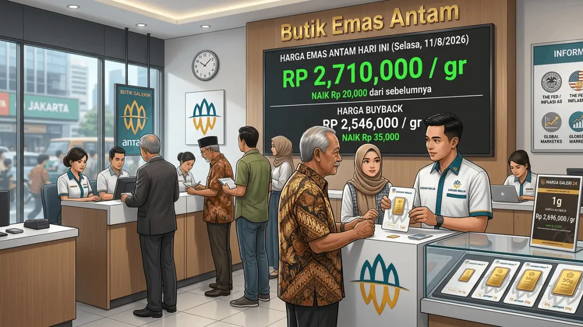 Harga emas Antam hari ini naik Rp20.000 menjadi Rp2,71 juta per gram. Simak harga buyback dan faktor yang memengaruhi pergerakannya. (Youtube. com)