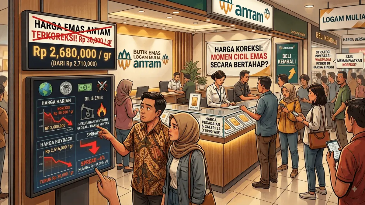 Harga emas hari ini berpotensi turun Rp30 ribu setelah emas dunia melemah. Simak pemicu koreksi dan peluang bagi investor. (Youtube. com)