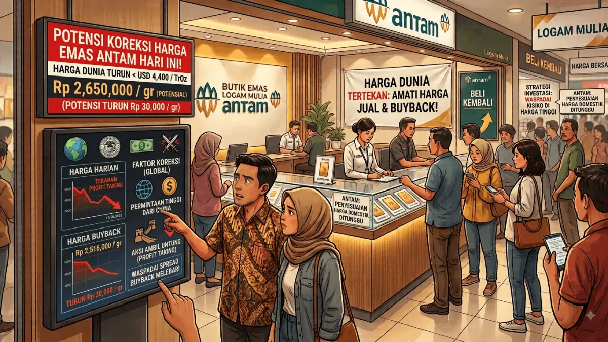 Harga emas hari ini berpotensi turun Rp30 ribu setelah emas dunia melemah. Simak pemicu koreksi dan peluang bagi investor. (Youtube. com)