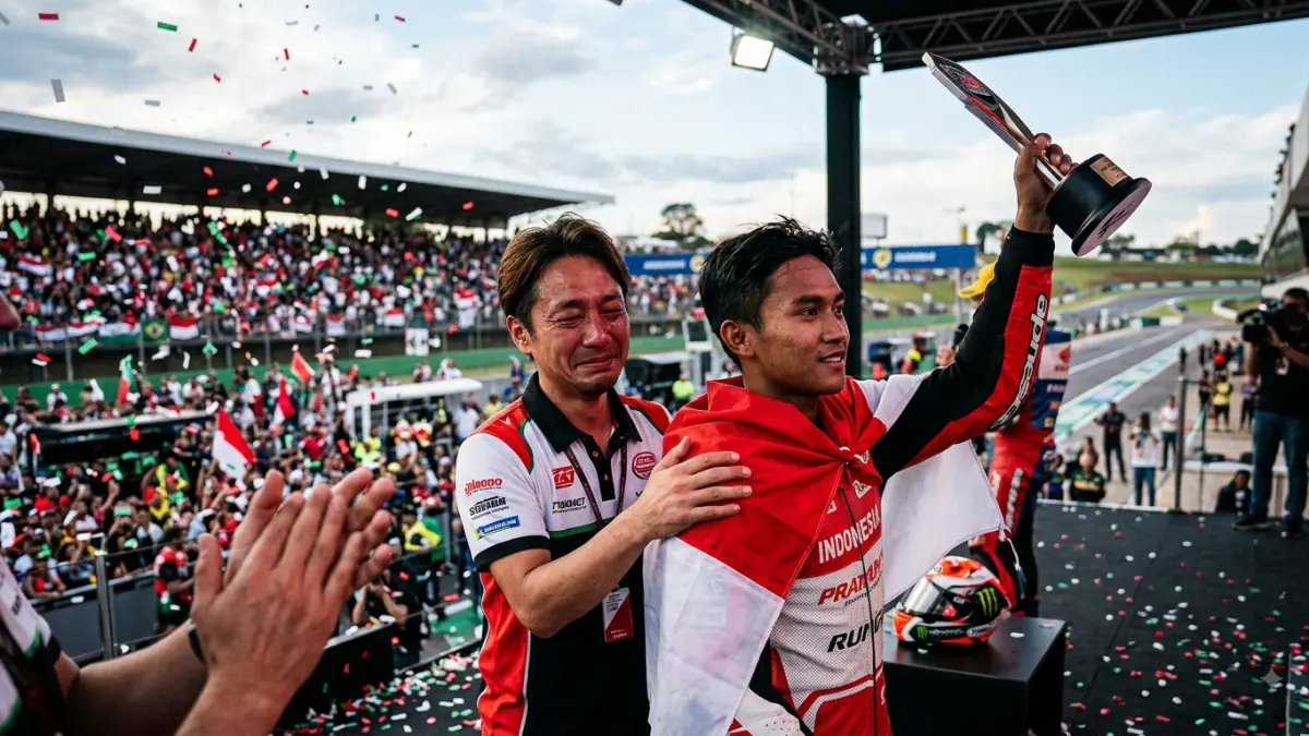 Veda Ega Pratama cetak sejarah Moto3 dengan finis podium ketiga di Goyania. Hiroshi Aoyama terharu melihat perjuangan pembalap muda Indonesia.