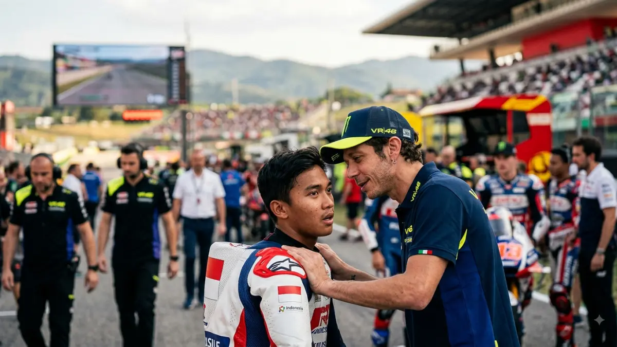 Veda Ega Pratama mendapat pujian Valentino Rossi jelang Moto3 Italia 2026. Legenda MotoGP itu bahkan memprediksi peluang podium di Mugello.