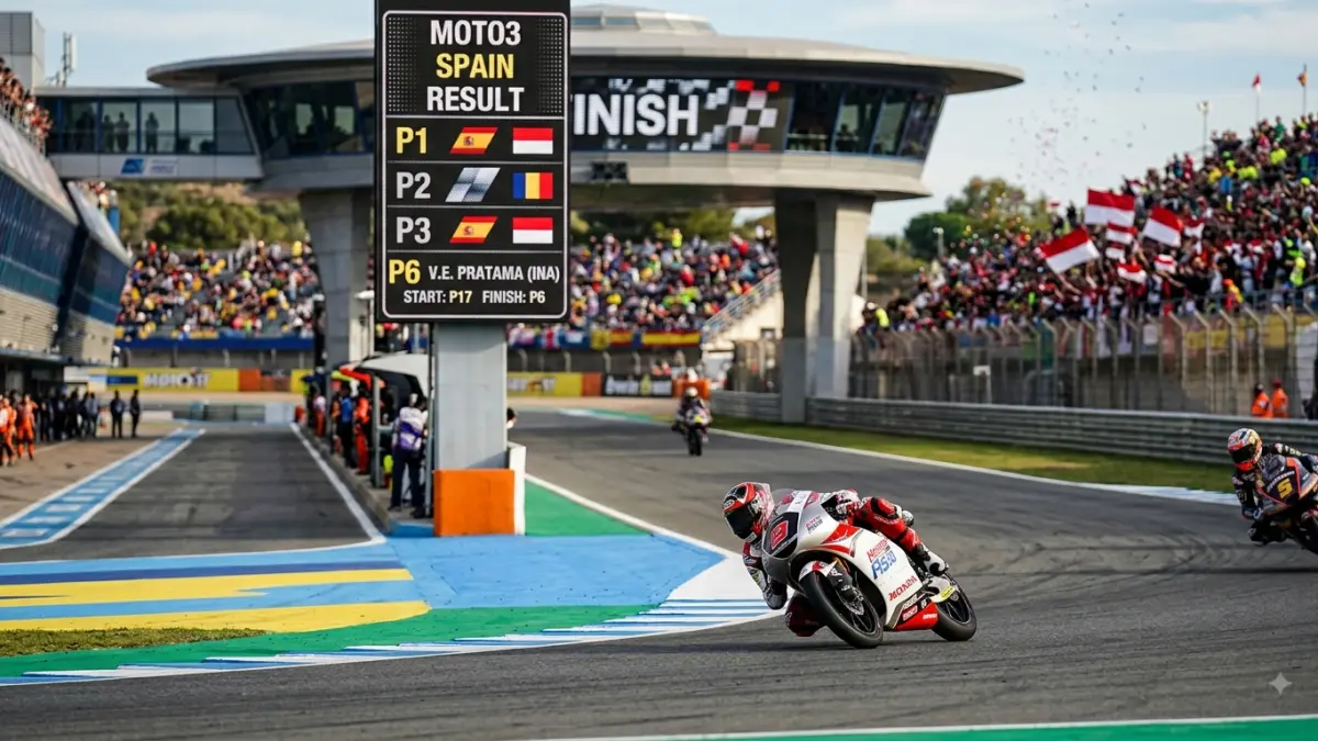 Veda Ega Pratama tampil gemilang di Moto3 Spanyol 2026. Start dari posisi 17, rider Indonesia itu berhasil finis keenam di Sirkuit Jerez.