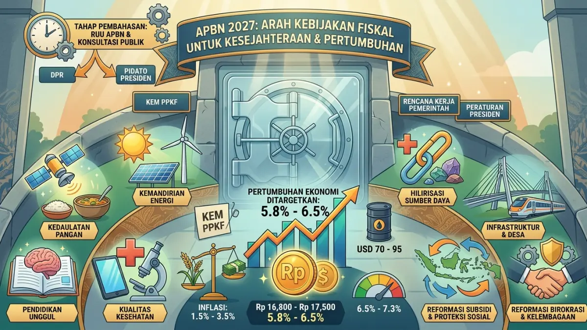 APBN 2027 memasuki tahap penting. Pemerintah menargetkan pertumbuhan 5,8-6,5 persen dan menyiapkan delapan kluster prioritas nasional. (Youtube. com)