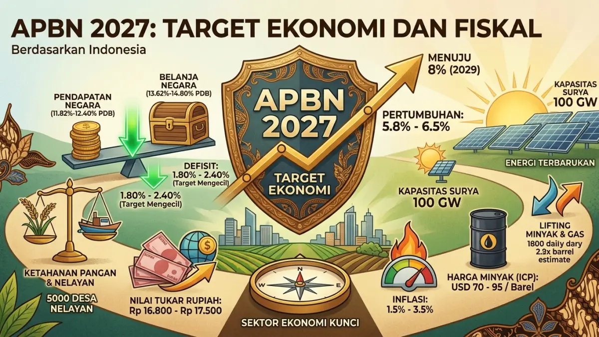 APBN 2027 mulai terungkap. Prabowo menetapkan target pertumbuhan 5,8-6,5 persen, rupiah Rp16.800-Rp17.500, serta defisit maksimal 2,4 persen. (Youtube. com)