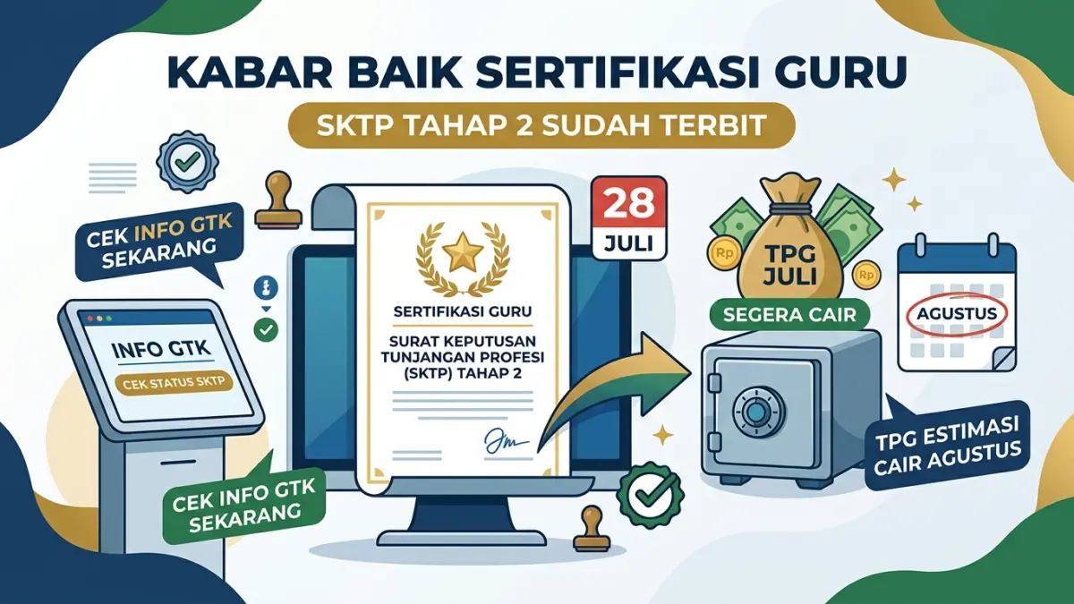 Sertifikasi guru membawa kabar baik. SKTP tahap 2 untuk TPG Juli disebut terbit 28 Juli. Guru yang belum mendapat SKTP diminta segera cek Info GTK. (Youtube. com)