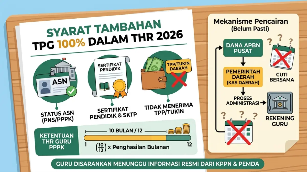 TPG 100% THR 2026 jadi sorotan. Guru ASN tanpa tukin disebut berhak mendapat tambahan satu bulan TPG, tetapi pencairannya tetap perlu dipantau. (Youtube. com)