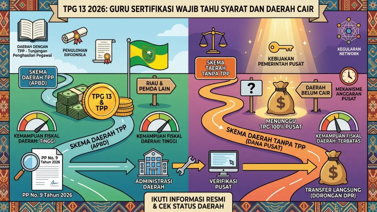 TPG 13 2026 mulai cair di sejumlah daerah seperti Riau. Guru sertifikasi perlu memahami syarat, aturan, dan perbedaan pencairan berdasarkan TPP daerah. (Youtube. com)