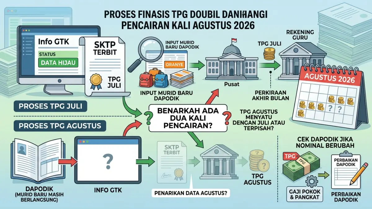 TPG Agustus 2026 dinantikan guru. Benarkah TPG Juli dan Agustus cair bersamaan? Cek status Info GTK, SKTP, Dapodik, dan jadwal pencairannya. (Youtube. com)