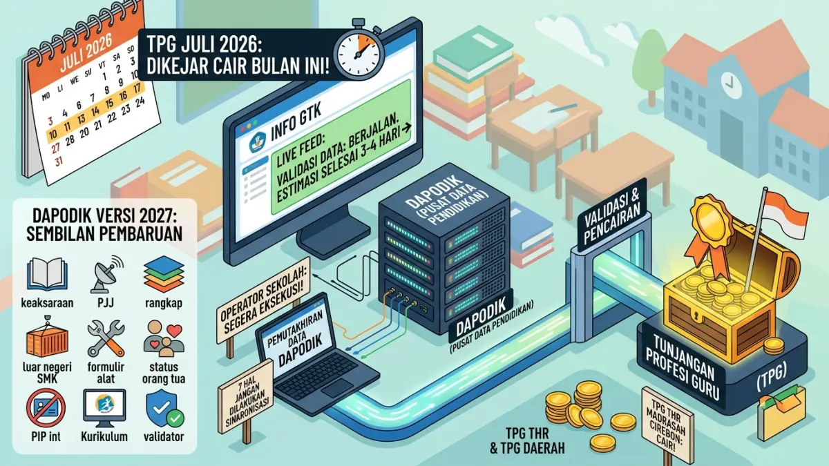 TPG Juli 2026 masih dikejar agar cair sesuai jadwal. Guru dan operator diminta segera memperbarui Dapodik dan memastikan data valid dalam 3-4 hari. (Youtube. com)