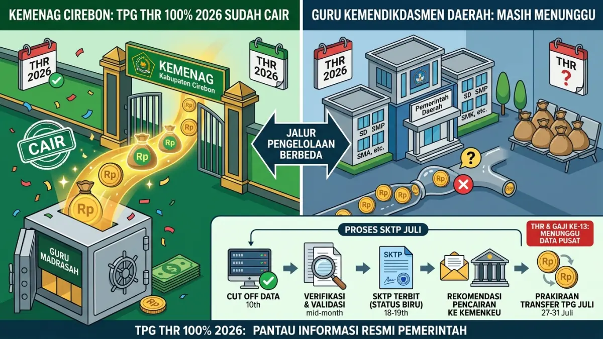 TPG THR 100% 2026 disebut sudah cair untuk guru madrasah di Cirebon. Bagaimana nasib guru ASN daerah? Simak perkembangan dan jadwal TPG Juli. (Youtube. com)