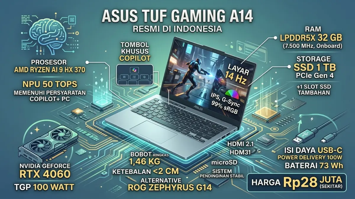 Asus TUF Gaming A14 resmi di Indonesia dengan Ryzen AI 9 HX 370, RTX 4060, RAM 32 GB dan bobot 1,46 kg. Simak spesifikasi lengkapnya. (Youtube. com)