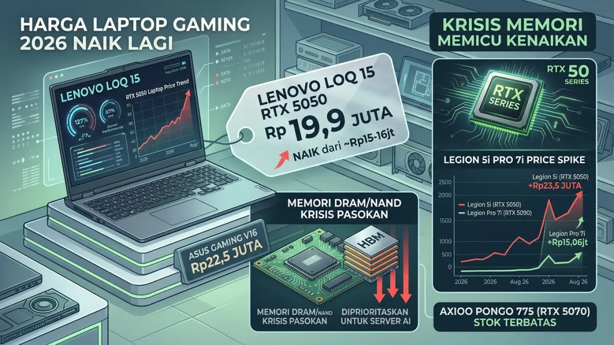 Harga laptop gaming 2026 kembali naik. Laptop RTX 50 series seperti Lenovo LOQ dan Legion mengalami lonjakan harga. Simak penyebab dan pilihan terbaiknya. (Youtube. com)
