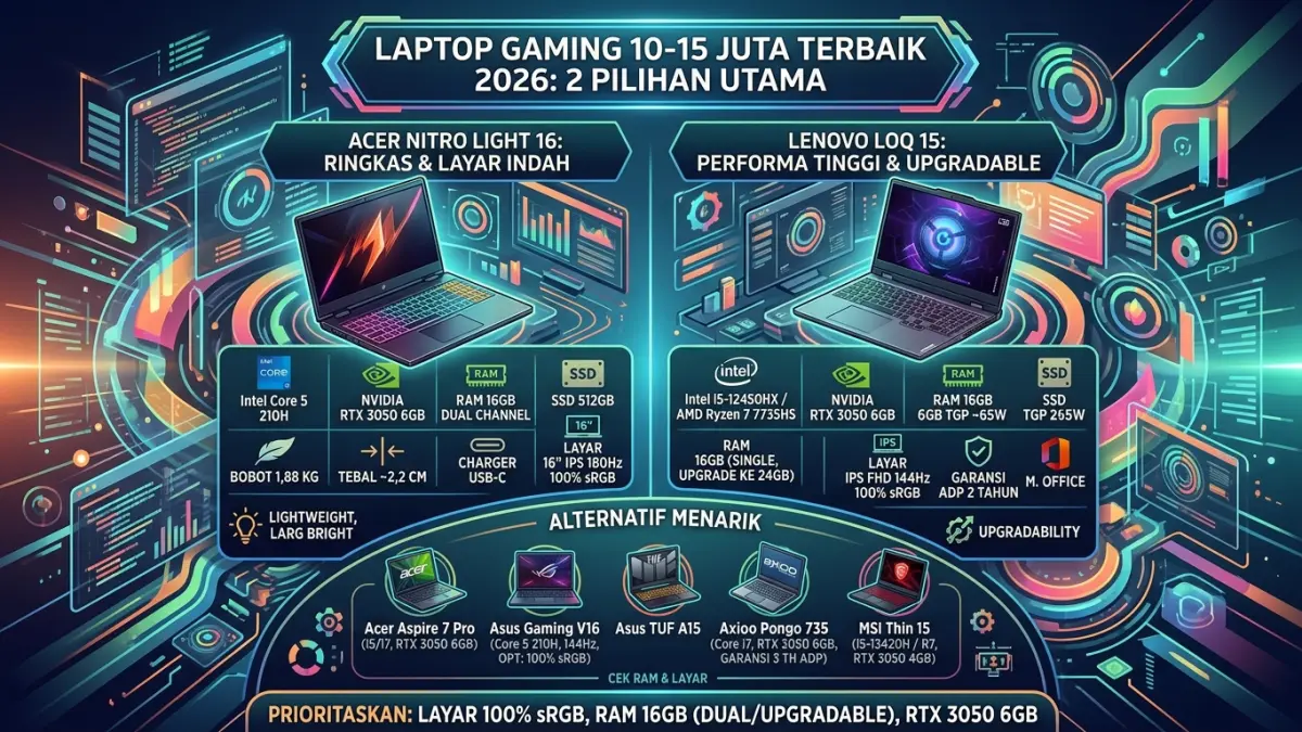Laptop gaming 10-15 juta terbaik 2026 makin terbatas. Simak rekomendasi laptop performa tinggi untuk gaming, editing, desain, dan kerja berat. (Youtube. com)