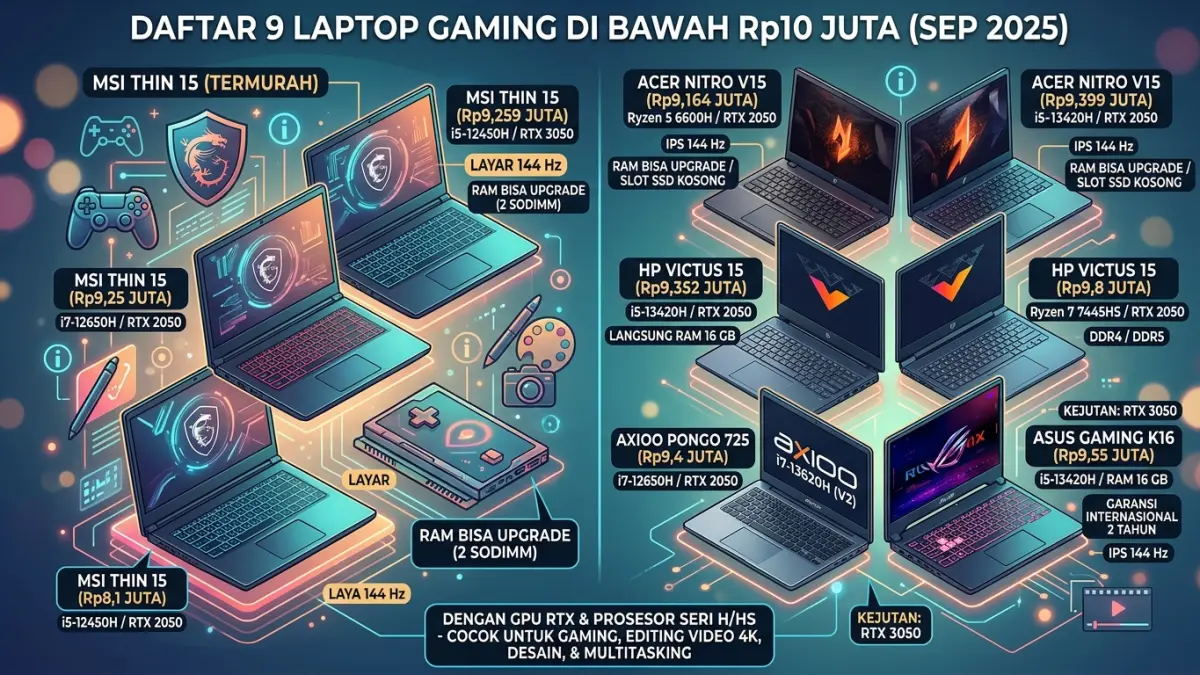 Laptop gaming di bawah Rp10 juta kini makin banyak pilihannya. Ada RTX 3050, RAM 16 GB, layar 144 Hz, dan garansi resmi. (Youtube. com)