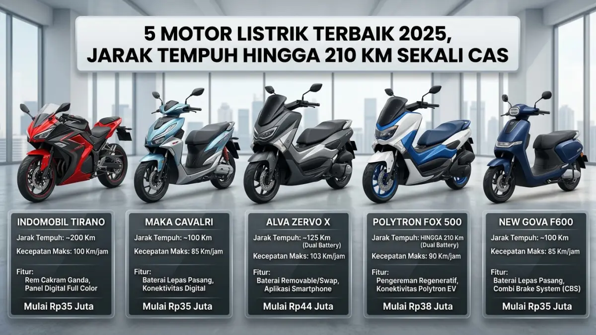 Motor listrik terbaik 2025 semakin beragam. Simak 5 rekomendasi dengan jarak tempuh hingga 210 km dan harga mulai Rp35 jutaan. (Youtube. com)