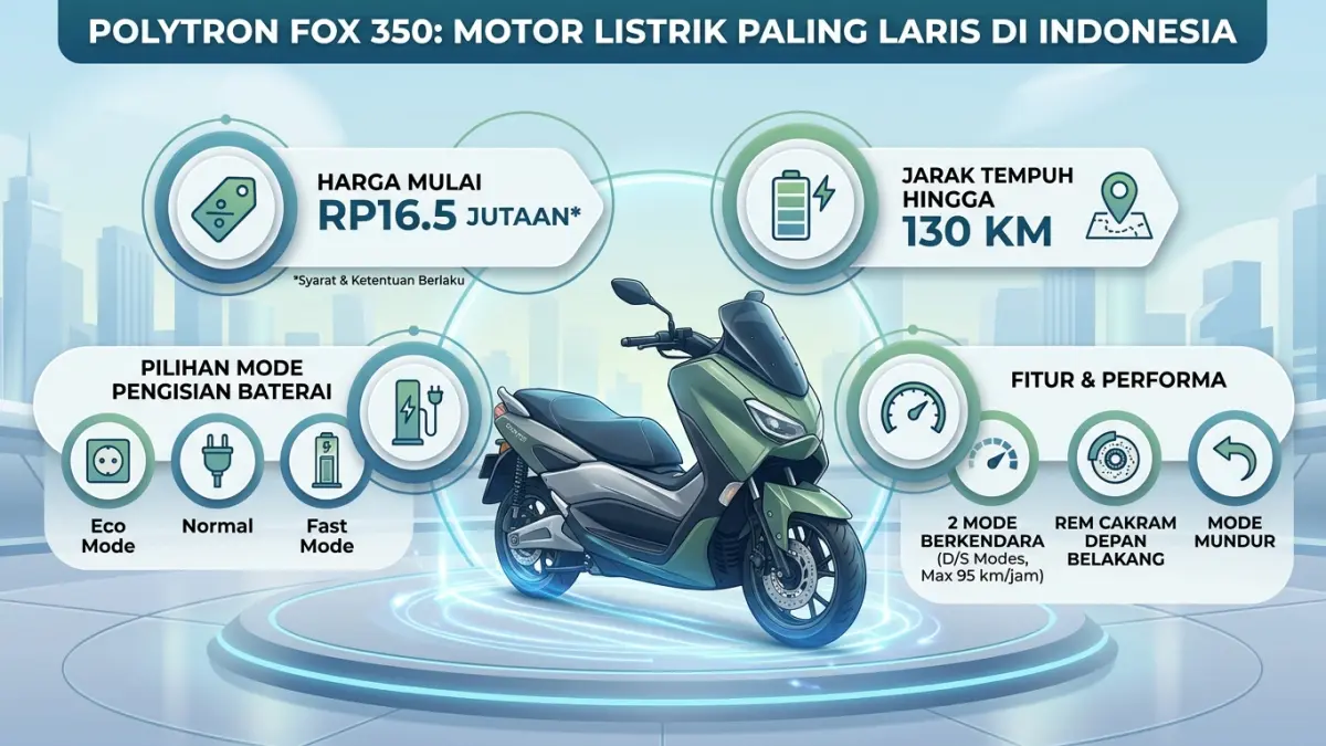 Polytron Fox 350 disebut jadi motor listrik paling laris di Indonesia. Harga mulai Rp16,5 juta, jarak tempuh 130 km dan fitur lengkap. (Youtube. com)