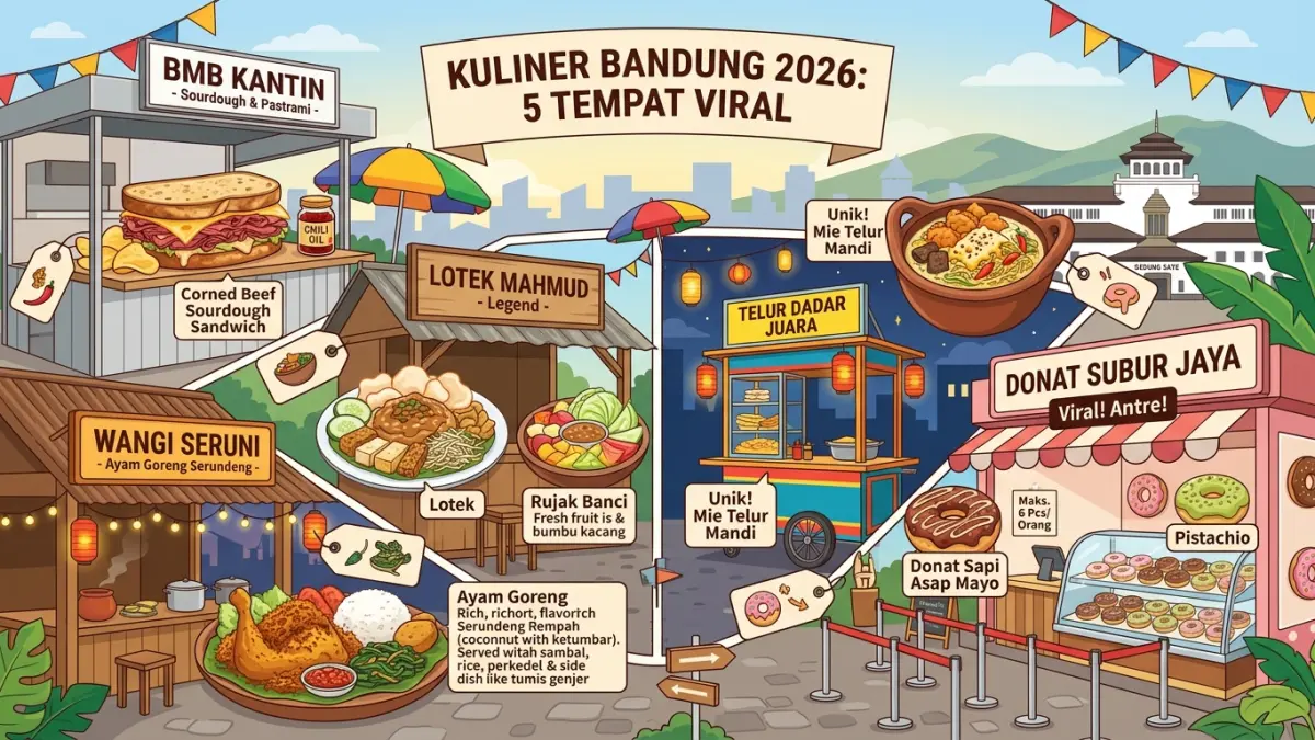 Kuliner Bandung 2026 makin ramai dengan makanan viral. Simak 5 tempat yang menawarkan sajian unik, termasuk Donat Subur Jaya yang bikin rela antre. (Youtube. com)