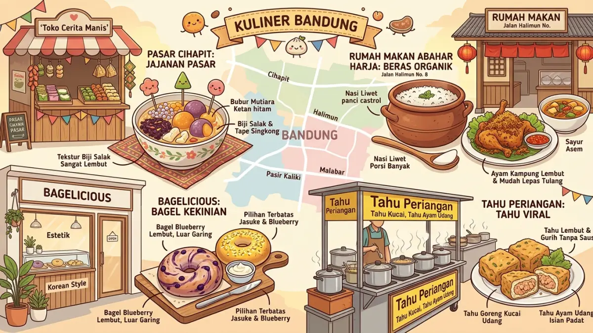 Kuliner Bandung punya banyak pilihan menarik. Simak jajanan pasar, nasi liwet, bagel kekinian, hingga tahu viral yang wajib dicoba. (Youtube. com)