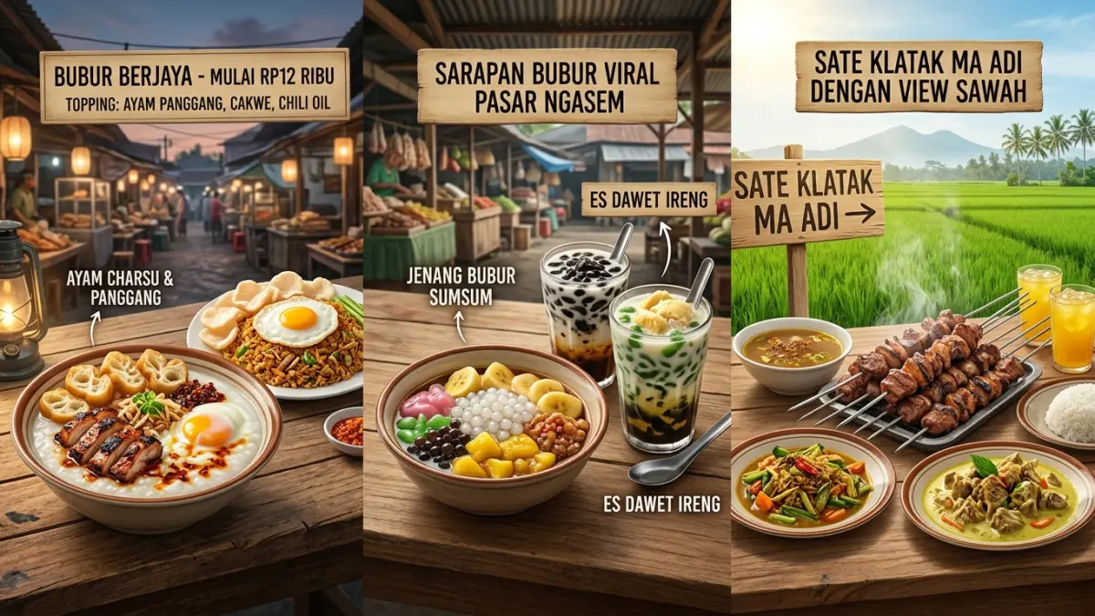 Kuliner Jogja ini menawarkan bubur malam Rp12 ribu, bubur viral Pasar Ngasem, es dawet ireng, hingga sate klatak dengan view sawah. (Youtube. com)