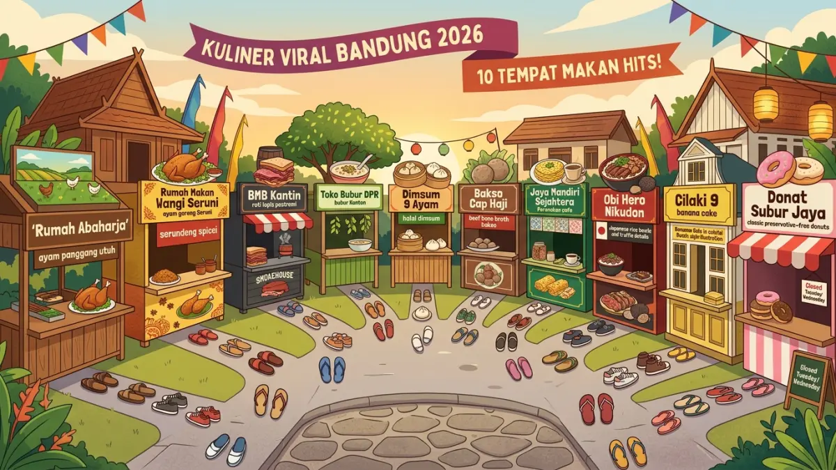 Kuliner viral di Bandung 2026 makin ramai. Simak 10 tempat makan hits dengan menu unik yang bikin pengunjung rela antre panjang. (Youtube. com)