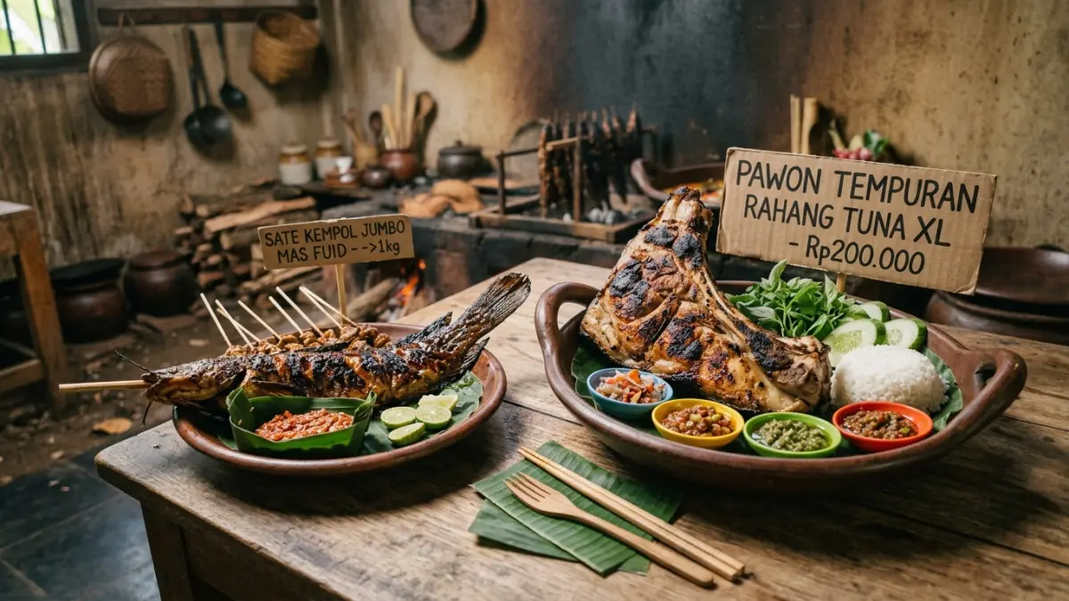 Kuliner viral Jogja ini menawarkan sate kambing jumbo lebih dari 1 kg dan rahang tuna XL seharga Rp200 ribu yang bisa disantap ramai-ramai. (Youtube. com)