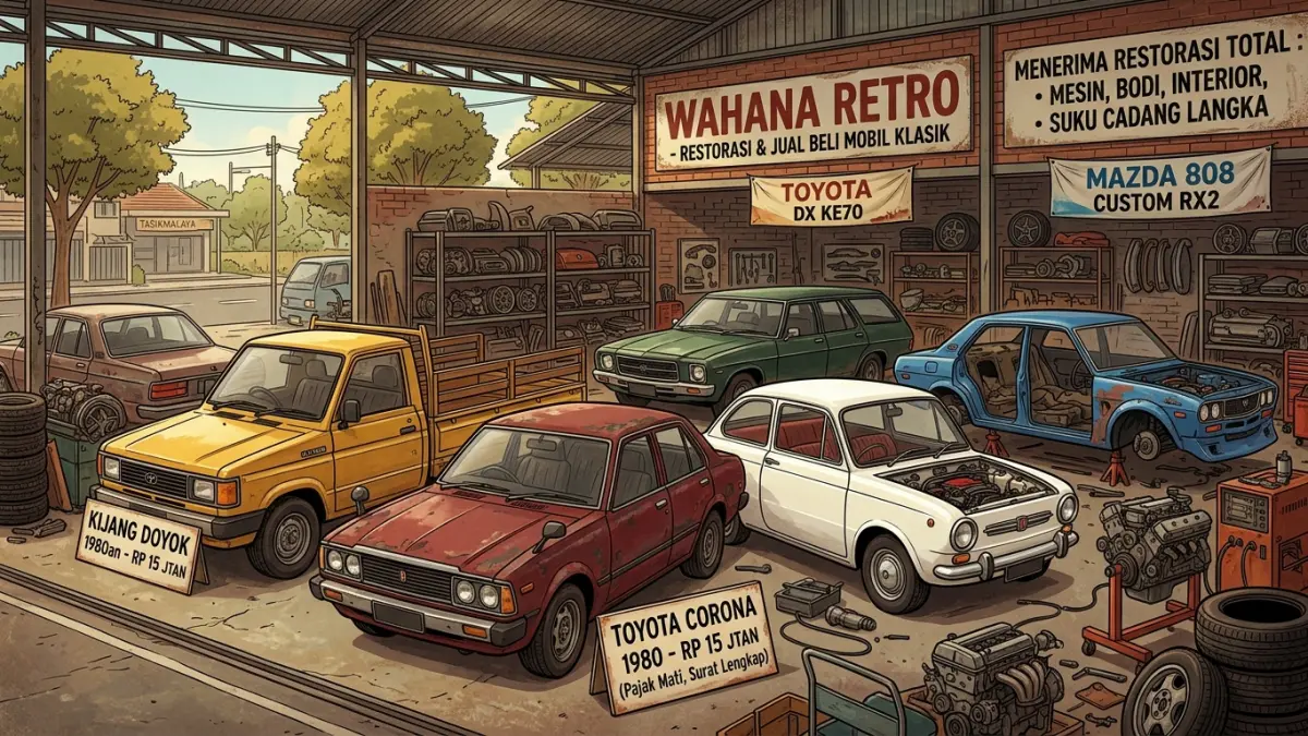 Mobil klasik Rp15 jutaan tersedia di Tasikmalaya. Ada Toyota Corona, Kijang Doyok, Fiat hingga layanan restorasi total dan custom mobil lawas. (Youtube. com)