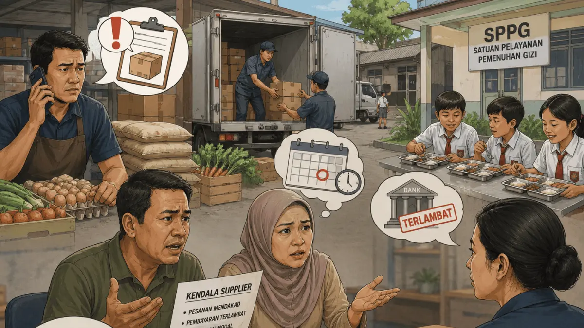 Supplier program Makan Bergizi Gratis (MBG) menyoroti sejumlah kendala dalam proses pengadaan, mulai dari pemesanan mendadak hingga keterlambatan pembayaran. (ILUSTRASI AI)