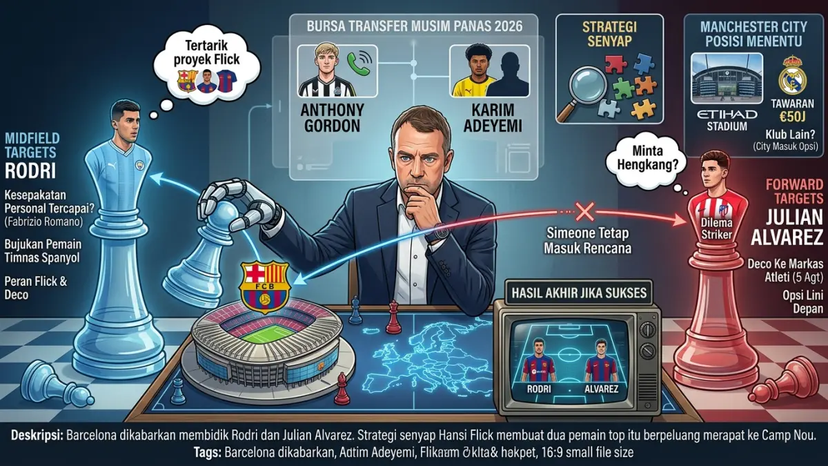 Barcelona dikabarkan membidik Rodri dan Julian Alvarez. Strategi senyap Hansi Flick membuat dua pemain top itu berpeluang merapat ke Camp Nou. (Youtube. com)