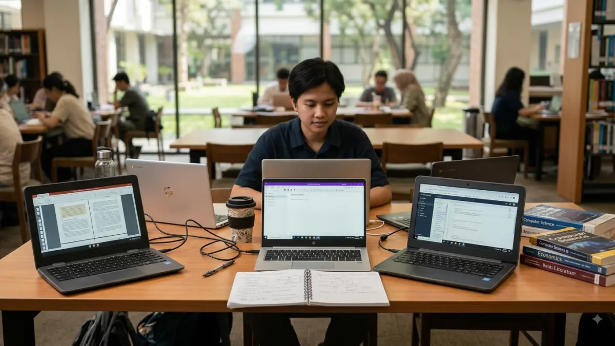 Laptop murah untuk mahasiswa 2025 harga Rp 2 jutaan. Cocok untuk kuliah, tugas, meeting online dan aktivitas belajar harian.