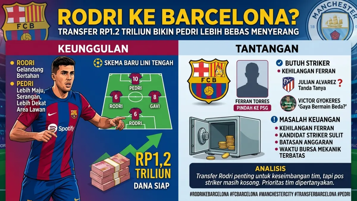 Rodri ke Barcelona disebut semakin dekat dengan nilai transfer Rp1,2 triliun. Namun, Blaugrana masih punya masalah besar di posisi striker. (Youtube. com)