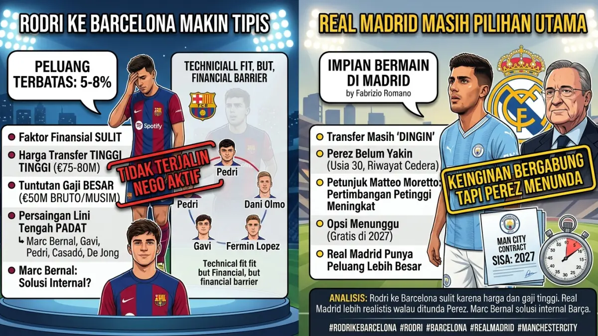 Rodri ke Barcelona terancam gagal karena harga dan gaji tinggi. Real Madrid masih menjadi pilihan utama sang gelandang Spanyol. (Youtube. com)